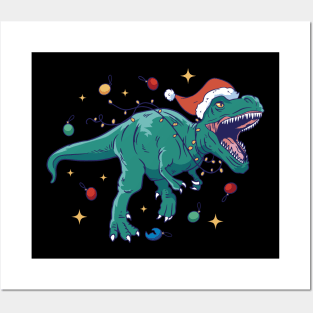 Santa Hat Christmas Lights T-rex Posters and Art